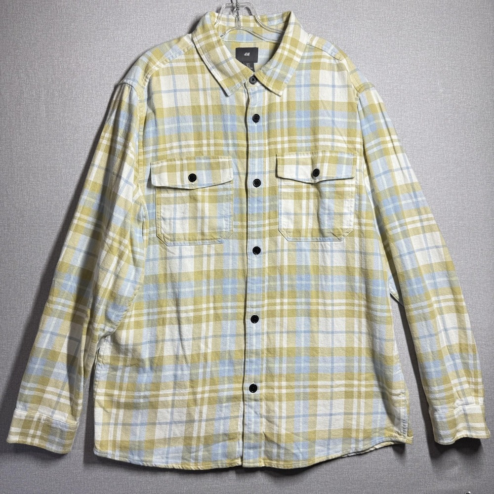 H&M Shirt Mens Large Yellow Plaid Flannel Long Sleeve Button Front Casual